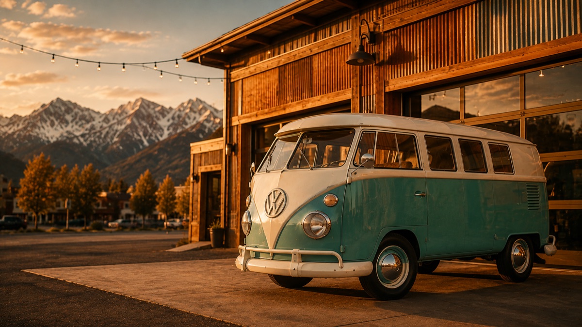 Mile High Auto Works shop exterior with Rocky Mountains behind