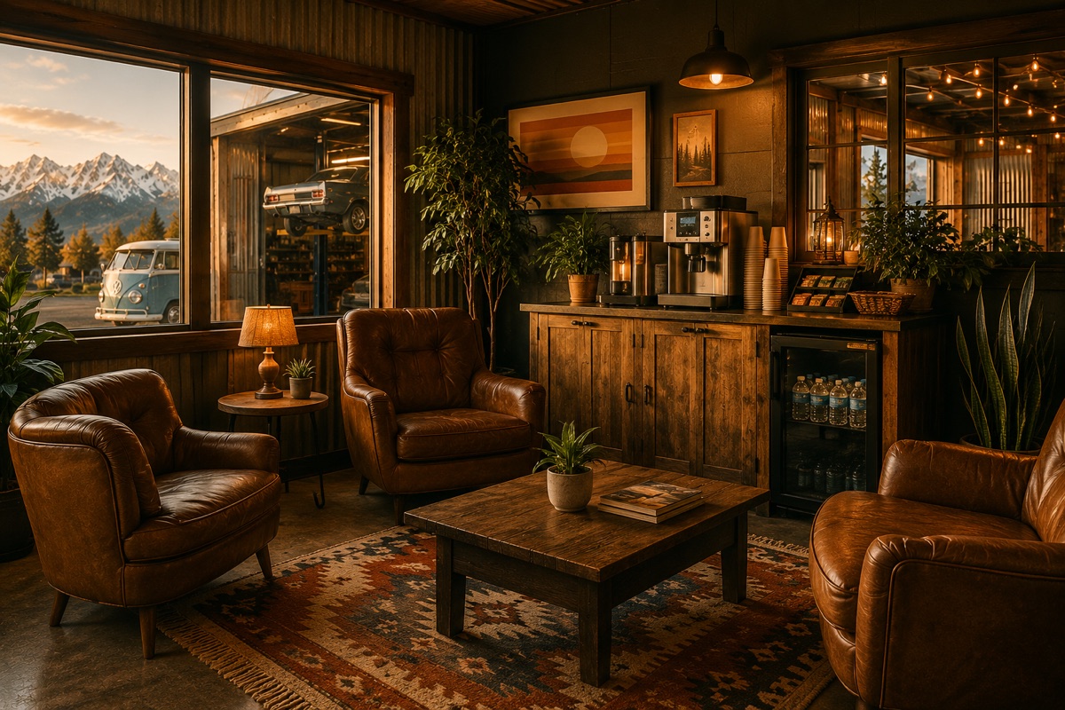 Comfortable customer waiting lounge at Mile High Auto Works